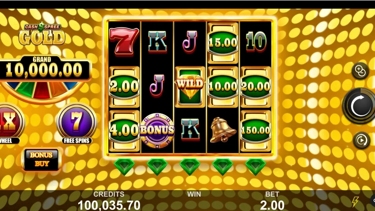Cash Spree Gold স্লট গেমের একটি ঝলমলে দৃশ্য যেখানে সোনালী কয়েন এবং রত্ন দেখা যাচ্ছে